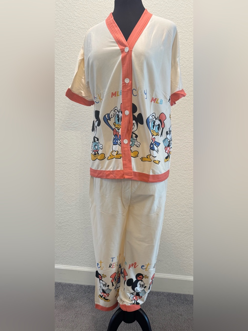 Women’s Coral Cream Mickey and Donald Duck Print - 3 pc Short Pajama set